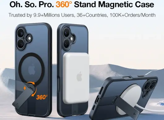 TORRAS Pstand Spin Apple iPhone 16 Plus Hoesje MagSafe 360° Kickstand Zwart afbeelding 4
