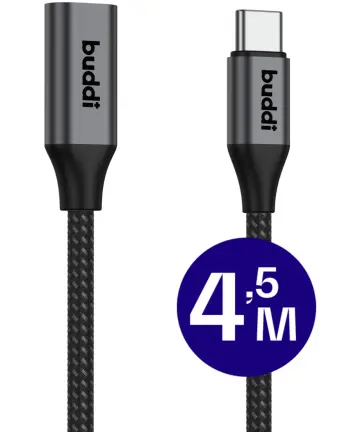 Buddi Flex USB-C Female naar USB-C Male Verlengkabel 60W 4,5M Zwart Kabels