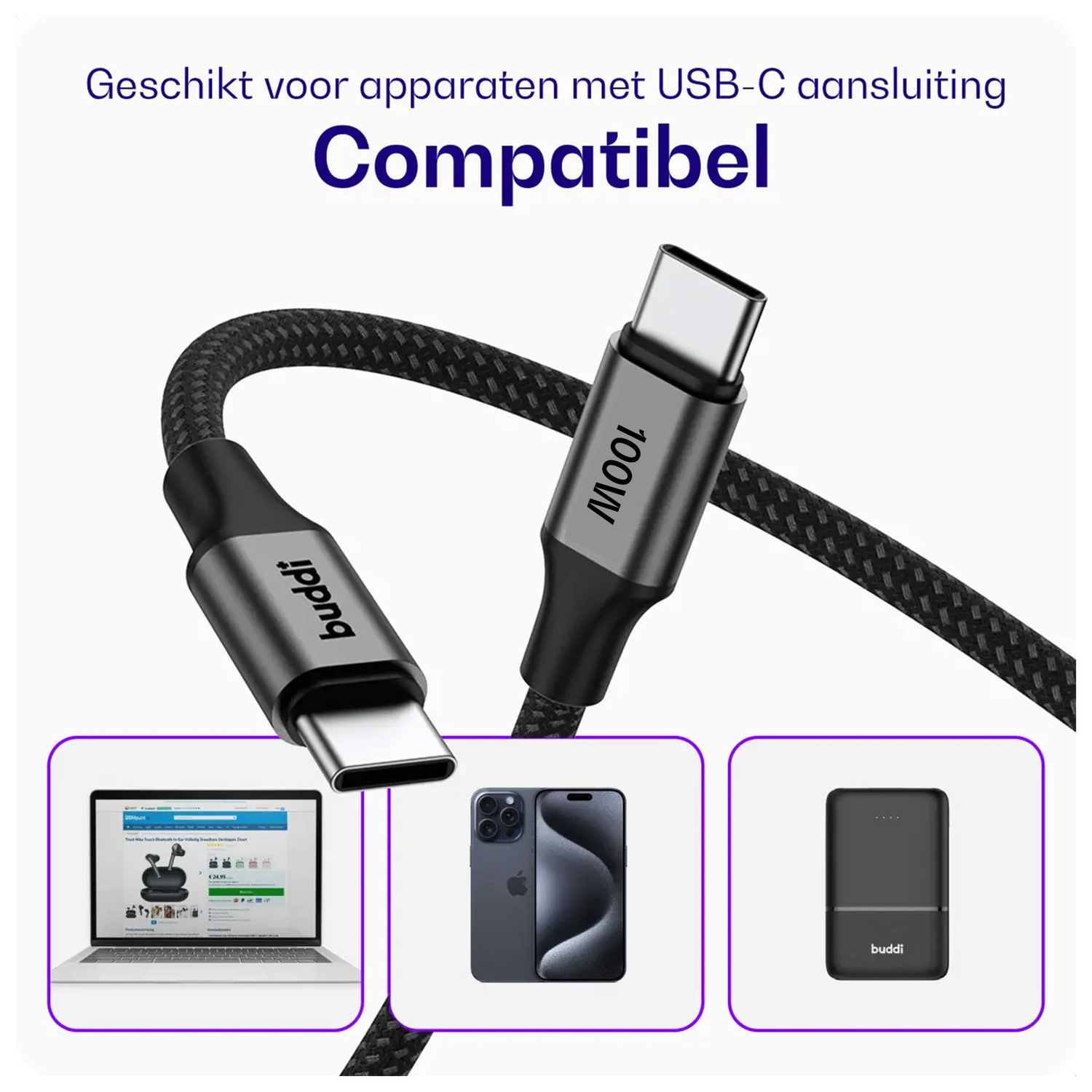 Buddi Flex USB-C naar USB-C Kabel 100W Super Fast Charge 30CM Zwart afbeelding 4