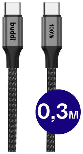 Buddi Flex USB-C naar USB-C Kabel 100W Super Fast Charge 30CM Zwart afbeelding 1