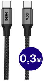 Buddi Flex USB-C naar USB-C Kabel 100W Super Fast Charge 30CM Zwart