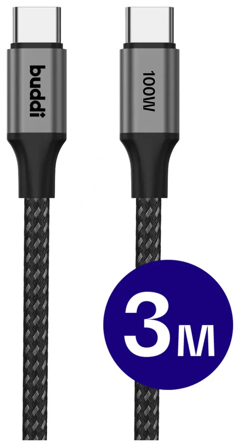 Buddi Flex USB-C naar USB-C Kabel 100W Super Fast Charge 3M Zwart afbeelding 1