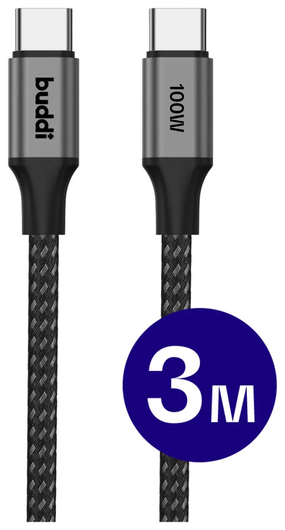 Buddi Flex USB-C naar USB-C Kabel 100W Super Fast Charge 3M Zwart afbeelding 1