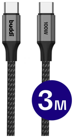 Buddi Flex USB-C naar USB-C Kabel 100W Super Fast Charge 3M Zwart afbeelding