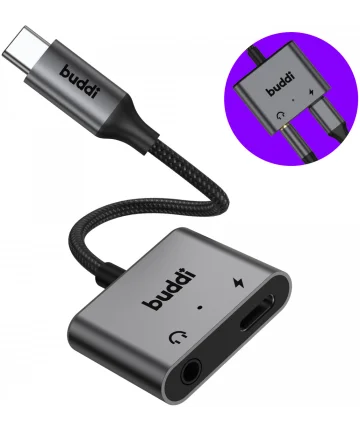 Buddi Ease USB-C en 3.5mm Jack naar USB-C Adapter 60W PD / DAC Chip Grijs Kabels