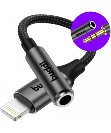 Buddi Ease 3.5mm Headset Jack Aux naar Lightning Adapter met DAC Chip Zwart Kabels