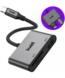 Buddi Ease USB-C Kaartlezer Adapter met USB A converter Grijs