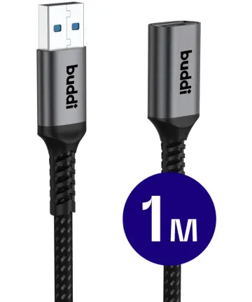 Buddi Flex USB-A Female naar USB-A Male Verlengkabel USB 3.0 1M Zwart Kabels