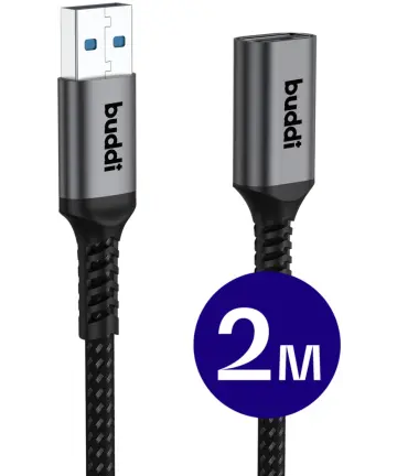 Buddi Flex USB-A Female naar USB-A Male Verlengkabel USB 3.0 2M Zwart Kabels