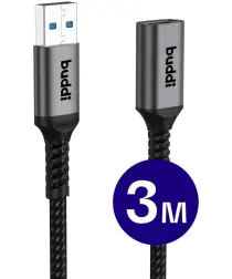 Buddi Flex USB-A Female naar USB-A Male Verlengkabel USB 3.0 3M Zwart