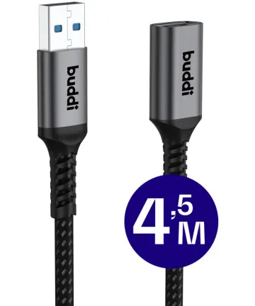 Buddi Flex USB-A Female naar USB-A Male verlengkabel USB 3.0 4,5M Zwart Kabels