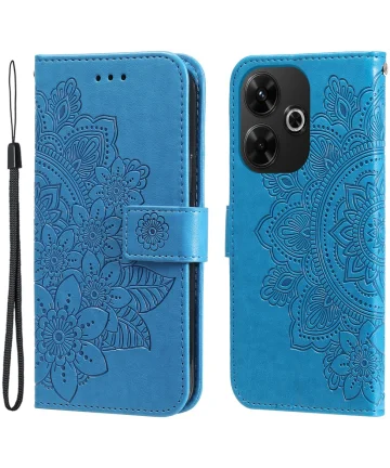 Xiaomi Redmi 13 4G / Poco M6 Hoesje Bloemen Book Case met Pasjeshouder Blauw Hoesjes