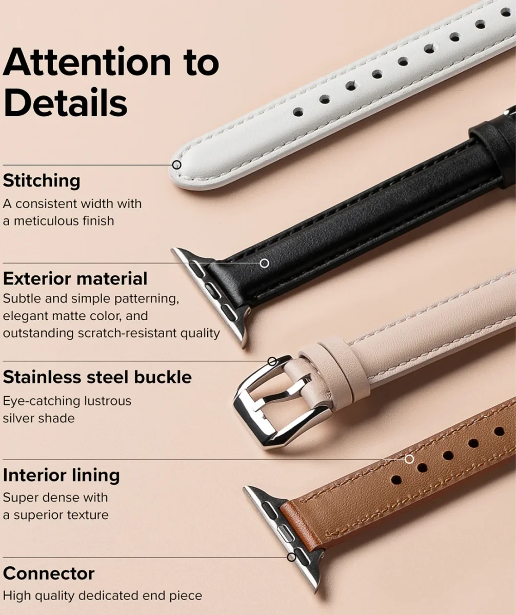 Ringke Leather One Padded Band - Apple Watch 1-10/SE - 38/40/41/42MM - Zwart afbeelding 7