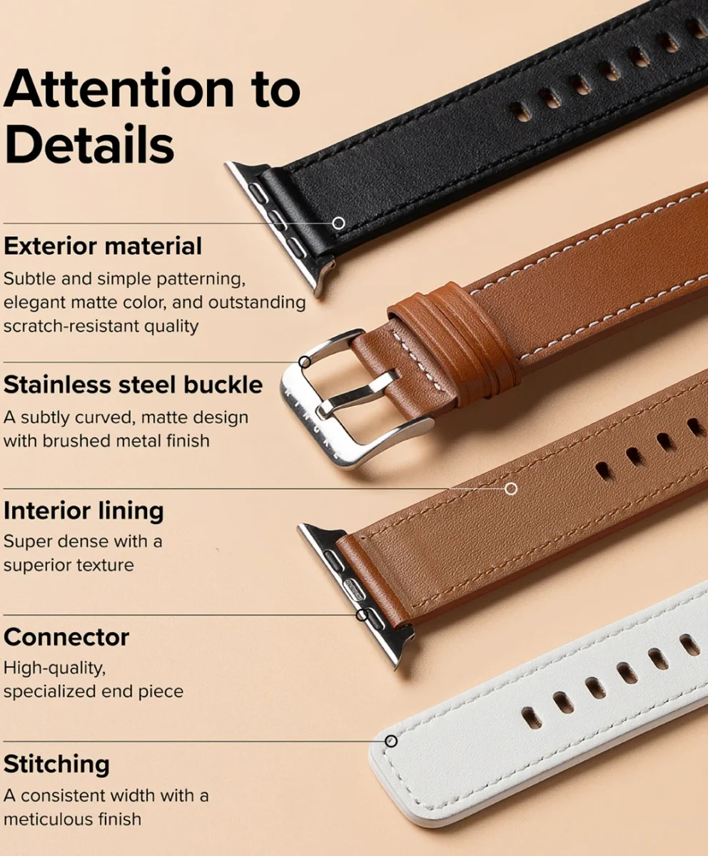 Ringke Leren Basic Bandje - Apple Watch 1-10/SE/Ultra - 49/46/45/44/42MM - Zwart afbeelding 7