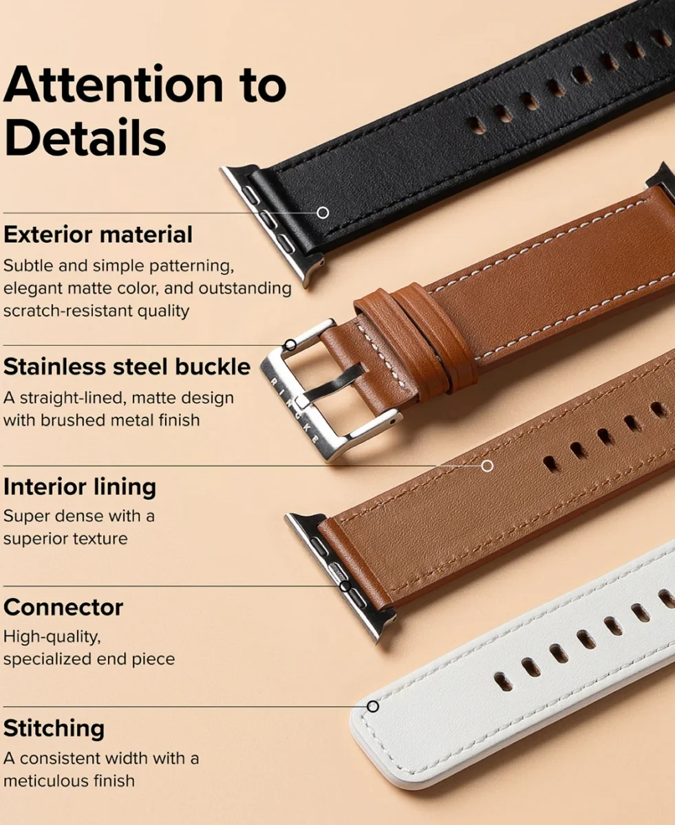 Ringe Leather Bold - Apple Watch 1-10/SE/Ultra Bandje - 49/46/45/44/42MM - Zwart afbeelding 7
