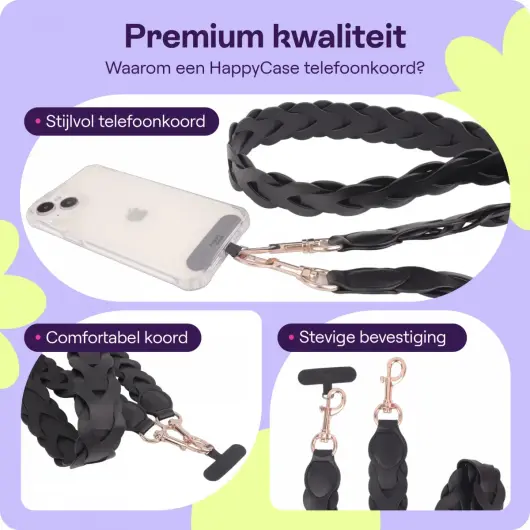 HappyCase Zanzibar Universeel Leren Riem Telefoonkoord (120CM) Zwart afbeelding 2