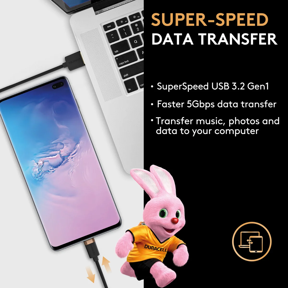 Duracell Toughened Kevlar USB-A naar USB-C Kabel 1 Meter 3A / 5Gbps Zwart afbeelding 5