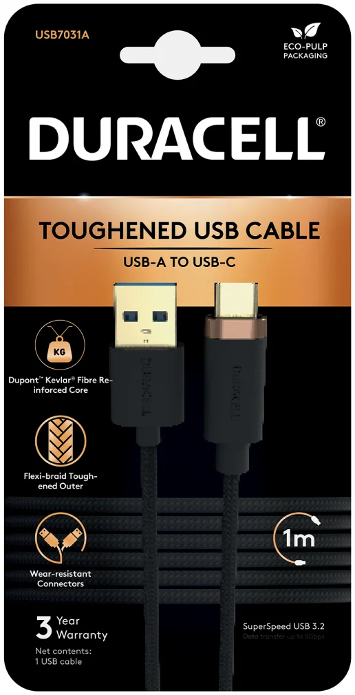 Duracell Toughened Kevlar USB-A naar USB-C Kabel 1 Meter 3A / 5Gbps Zwart afbeelding 2