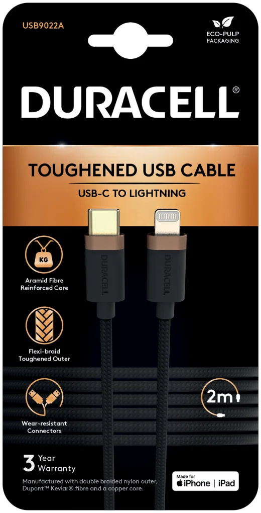 Duracell Toughened Kevlar MFi USB-C naar Lightning Kabel 2 Meter 65W / 3A Zwart afbeelding 2