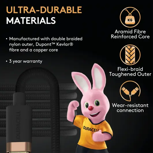 Duracell Toughened Kevlar MFi USB-C naar Lightning Kabel 2 Meter 65W / 3A Zwart afbeelding 3