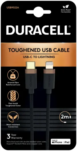 Duracell Toughened Kevlar MFi USB-C naar Lightning Kabel 2 Meter 65W / 3A Zwart afbeelding 2