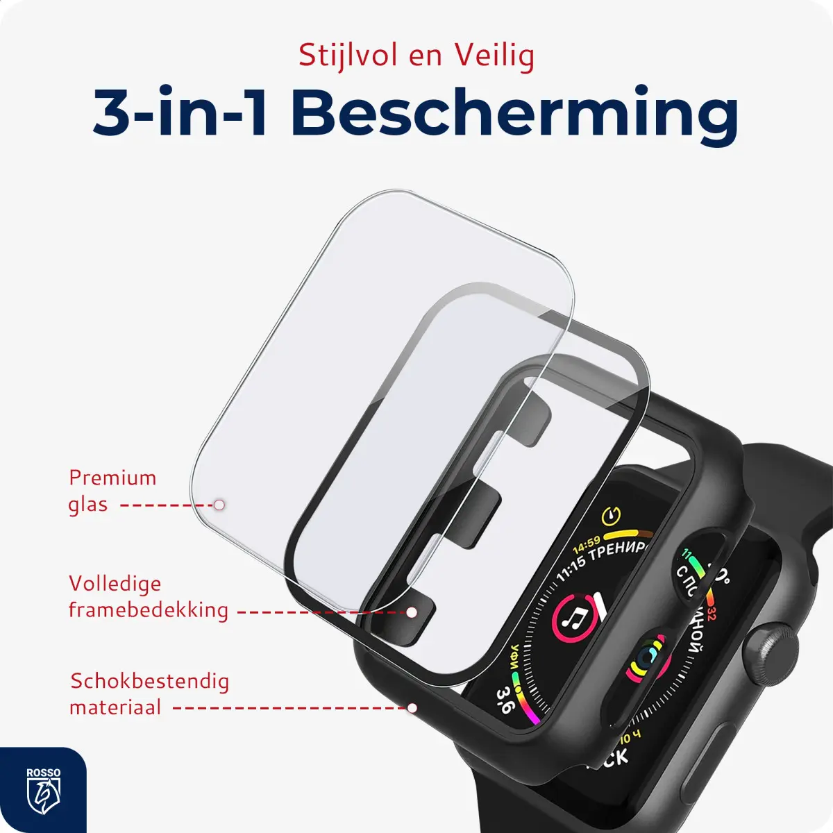 Rosso Apple Watch 42MM Tempered Glass Screen Protector met Hoesje Zwart afbeelding 2
