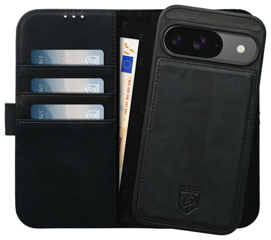 Rosso Elite Google Pixel 9 / 9 Pro Hoesje MagSafe Book Case Echt Leer Zwart afbeelding 1