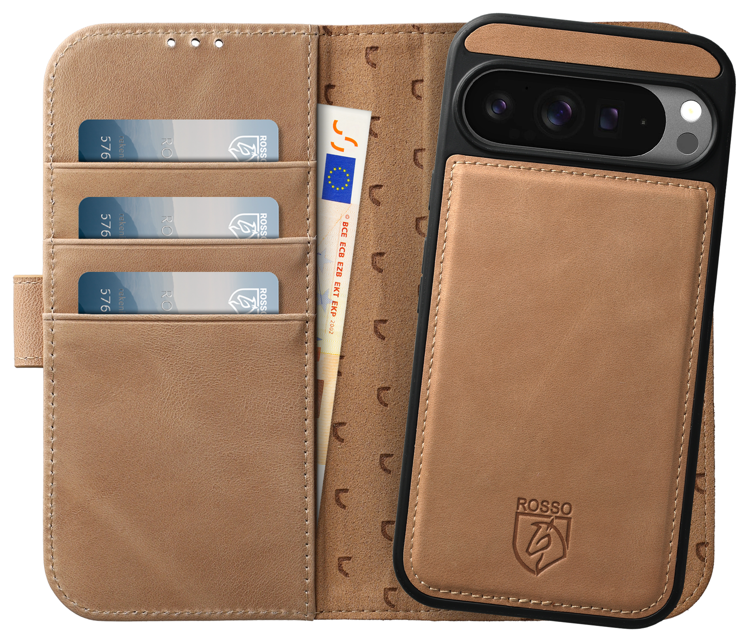 Rosso Elite Google Pixel 9 Pro XL Hoesje MagSafe Book Case Echt Leer Lichtbruin afbeelding 1