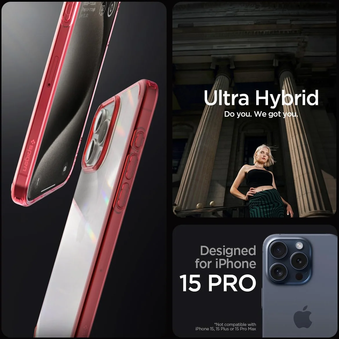 Spigen Ultra Hybrid Apple iPhone 15 Pro Hoesje Back Cover Transparant Rood afbeelding 3