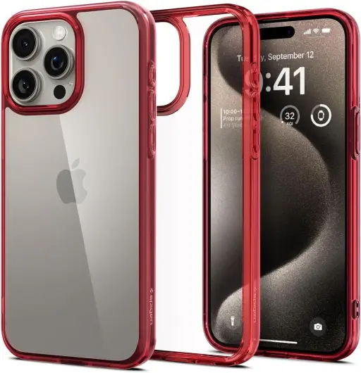 Spigen Ultra Hybrid Apple iPhone 15 Pro Hoesje Back Cover Transparant Rood afbeelding 1