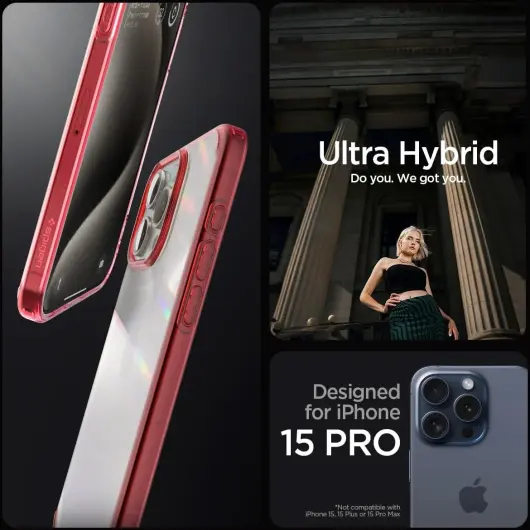 Spigen Ultra Hybrid Apple iPhone 15 Pro Hoesje Back Cover Transparant Rood afbeelding 3