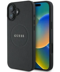 Guess Grained Gold Ring iPhone 16 Plus Hoesje MagSafe Back Cover Zwart