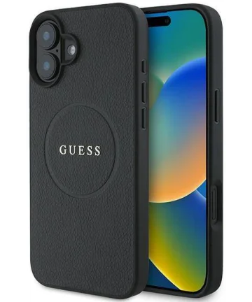 Guess Grained Gold Ring iPhone 16 Plus Hoesje MagSafe Back Cover Zwart Hoesjes