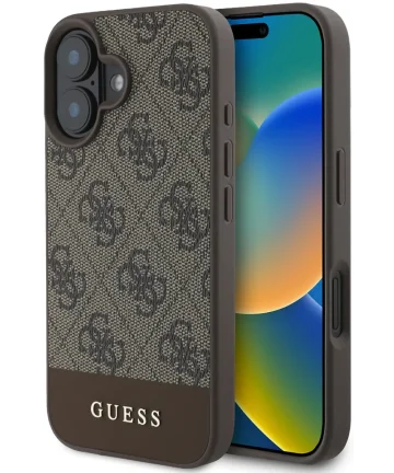 Guess 4G Bottom Stripe Apple iPhone 16 Hoesje Back Cover Bruin Hoesjes