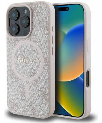 Guess 4G Ring Classic Logo iPhone 16 Pro Hoesje MagSafe Back Cover Roze Hoesjes