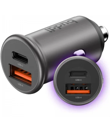 Buddi Power 45W Autolader USB-A + C Poort met Snelladen Grijs Opladers