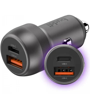 Buddi Power 89W Autolader USB-A + C Poort met Snelladen Grijs Opladers