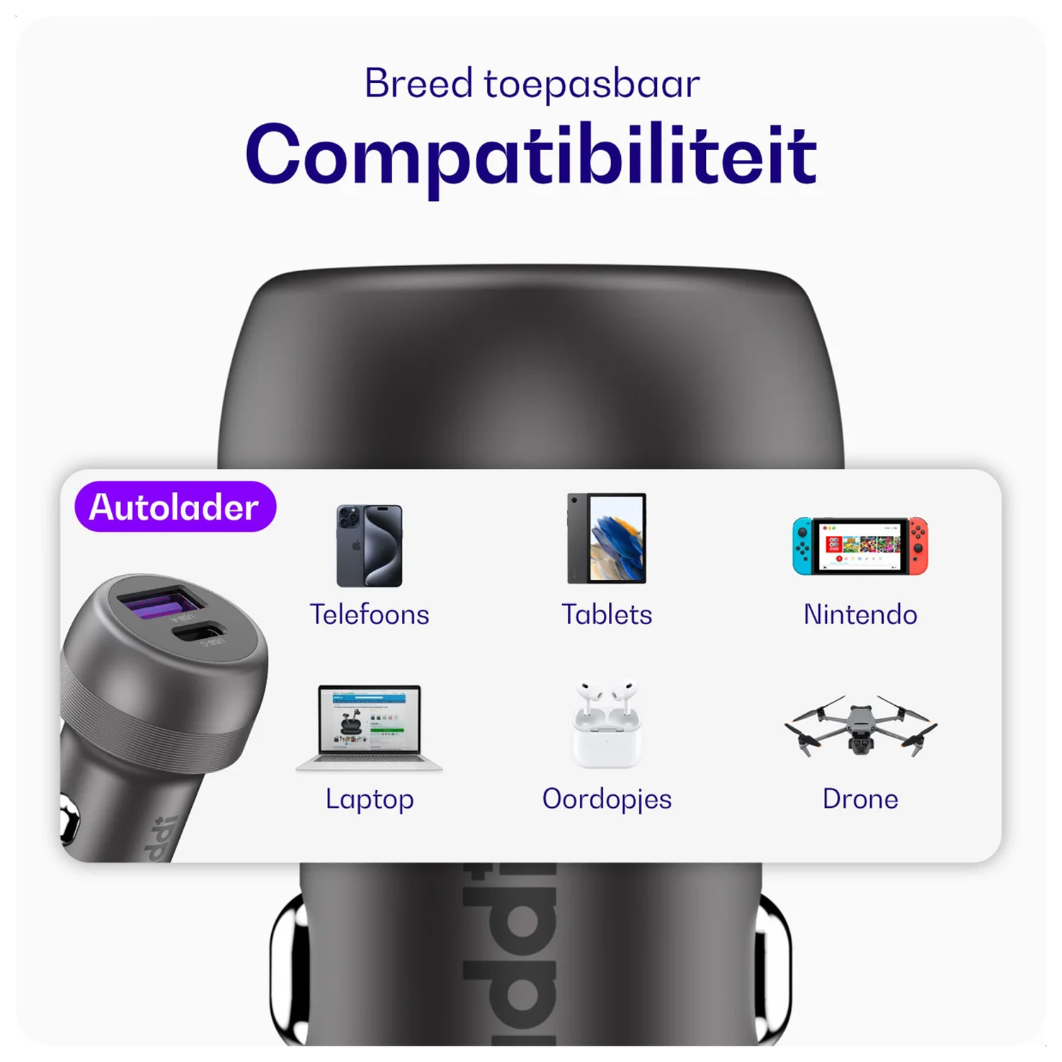 Buddi Power 89W Autolader USB-A + C Poort met Snelladen Grijs afbeelding 3