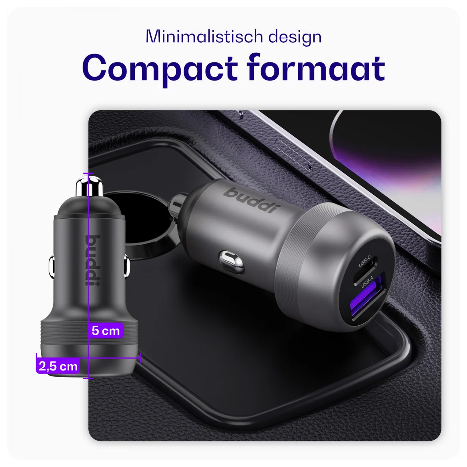 Buddi Power 89W Autolader USB-A + C Poort met Snelladen Grijs afbeelding 5