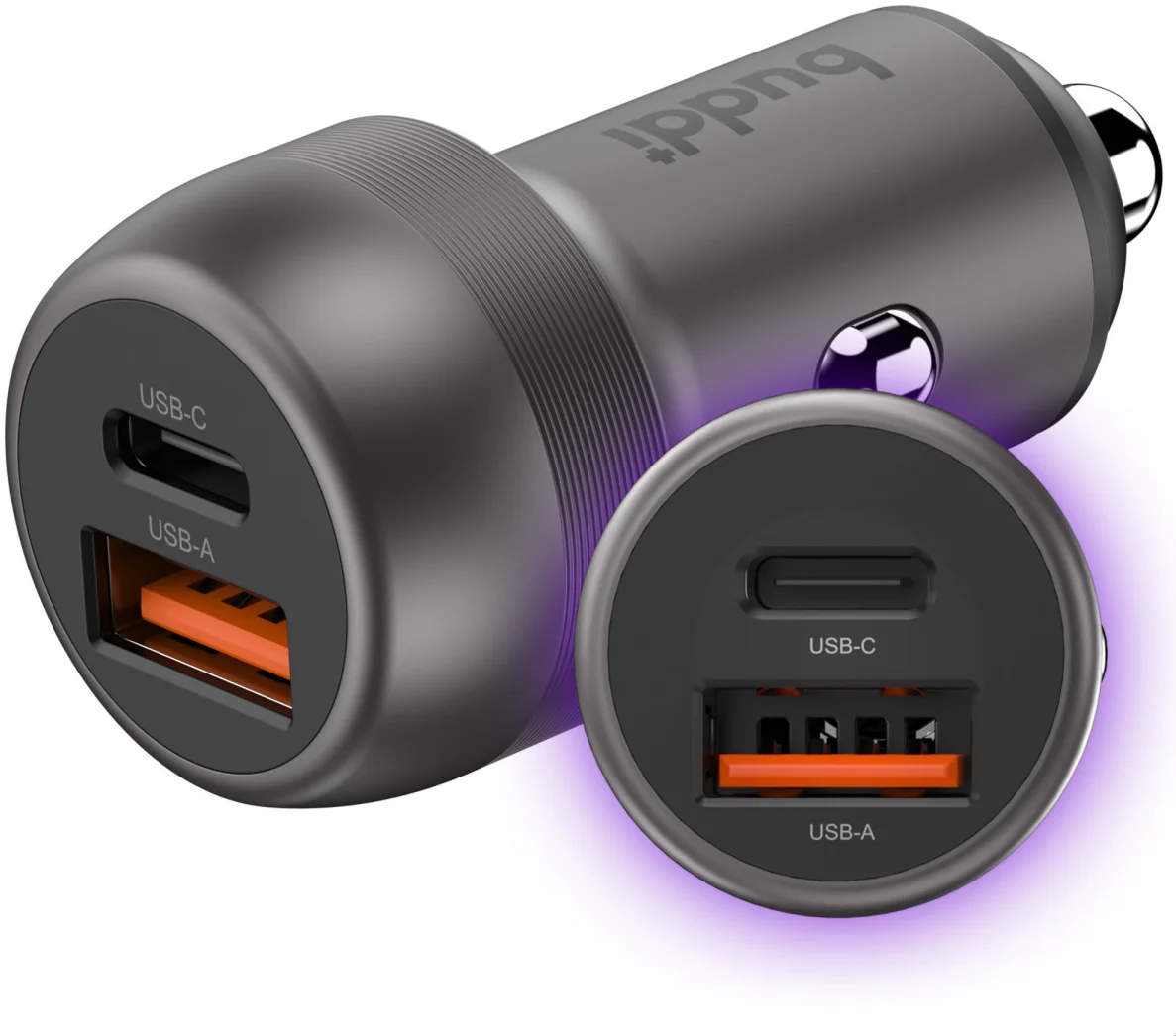 Buddi Power 89W Autolader USB-A + C Poort met Snelladen Grijs afbeelding 1