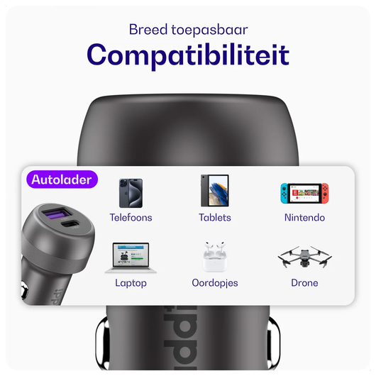 Buddi Power 89W Autolader USB-A + C Poort met Snelladen Grijs afbeelding 3