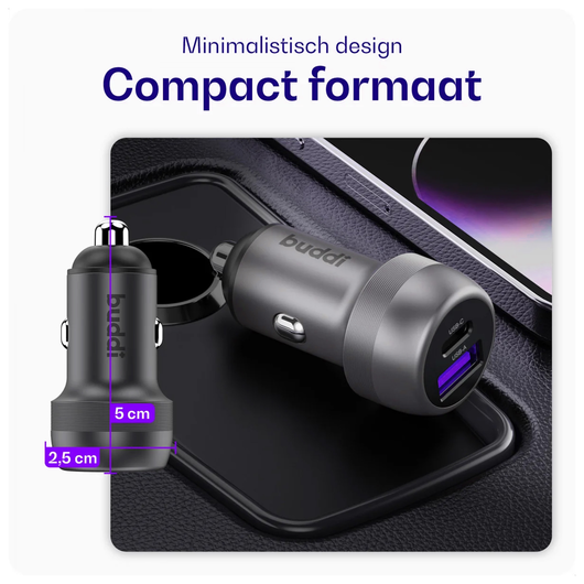 Buddi Power 89W Autolader USB-A + C Poort met Snelladen Grijs afbeelding 5