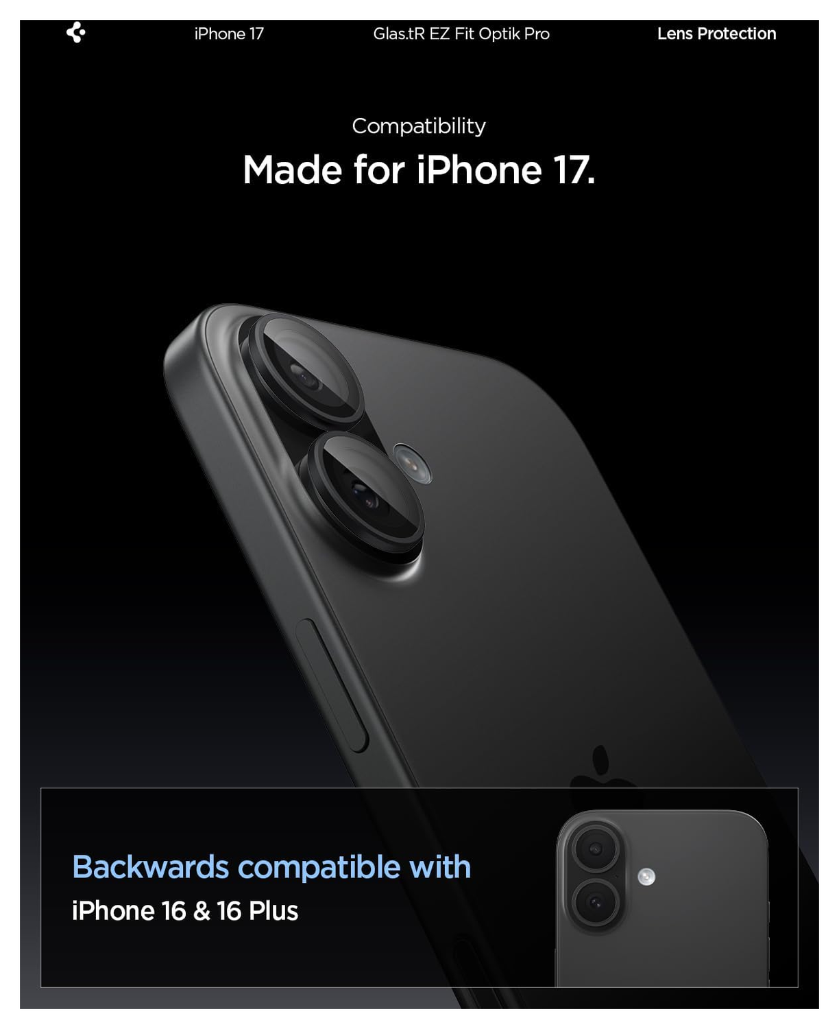 Spigen EZ Fit Optik Pro iPhone 17/16/16 Plus Camera Protector Zwart (2-Pack) afbeelding 2