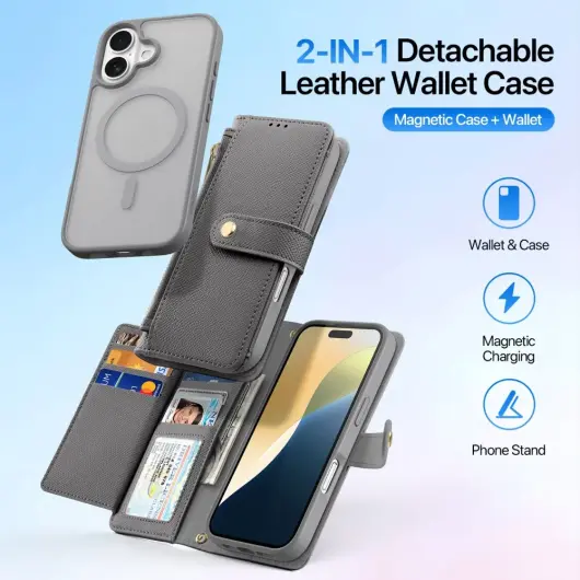 Dux Ducis Lawa Apple iPhone 16 Hoesje 2-in-1 Wallet Book Case MagSafe Grijs afbeelding 3