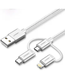 UGREEN 3-in-1 USB-A Multifunctionele Kabel 1.5M MicroUSB / USB-C / Lightning Wit