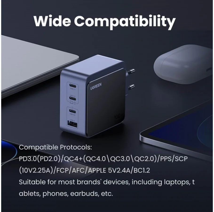 UGREEN Nexode Air 100W USB/USB-C PD Snellader GaN Adapter Grijs afbeelding 9