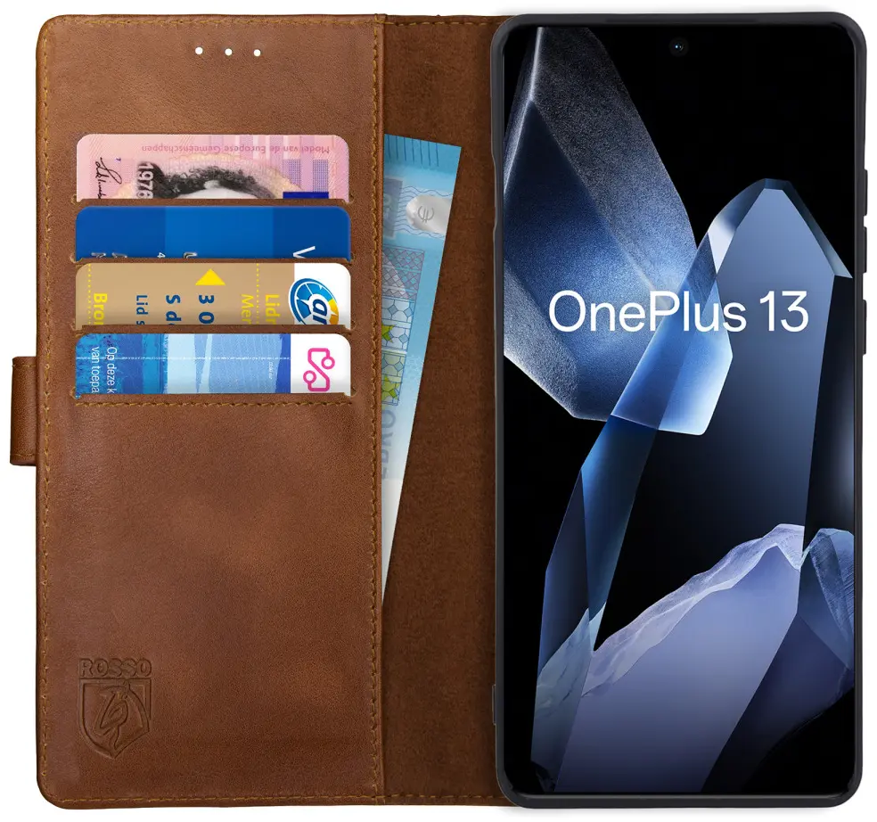 Rosso Deluxe OnePlus 13 Hoesje Echt Leer Book Case Bruin afbeelding 1