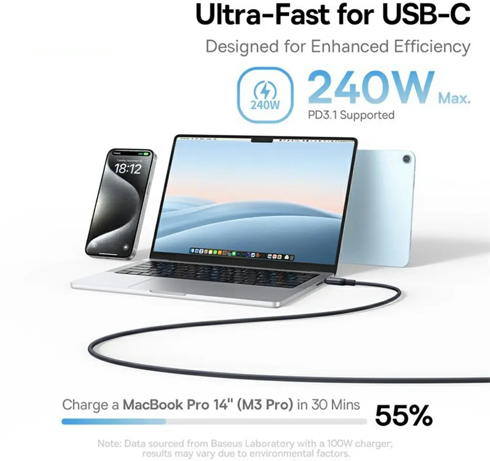 Baseus PicoGo USB-C naar USB-C Kabel 240W Fast Charge 1M Zwart afbeelding 6