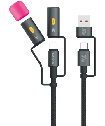 4smarts USB-C/USB-A naar USB-C 60W 4-in-1 Kabel met Lamp en Aansteker 1M Zwart Kabels