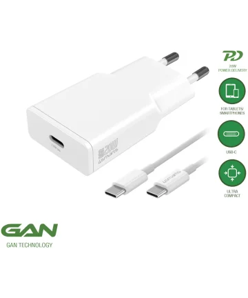 4Smarts 20W Slim USB-C Adapter met USB-C Kabel 1.5 Meter Power Delivery Wit Opladers